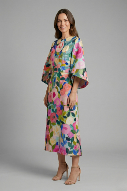 Women’s Midi Dress with Round Neck and Wide Sleeves