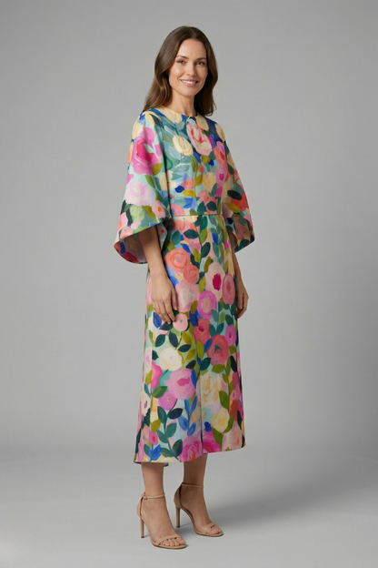 Women’s Midi Dress with Round Neck and Wide Sleeves