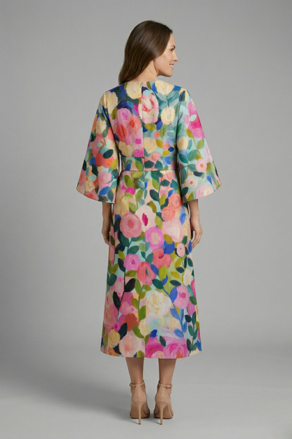 Women’s Midi Dress with Round Neck and Wide Sleeves