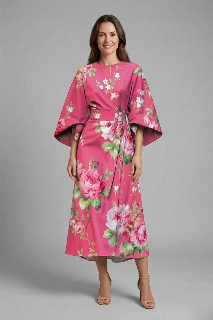 Women’s Midi Dress with Round Neck and Wide Sleeves
