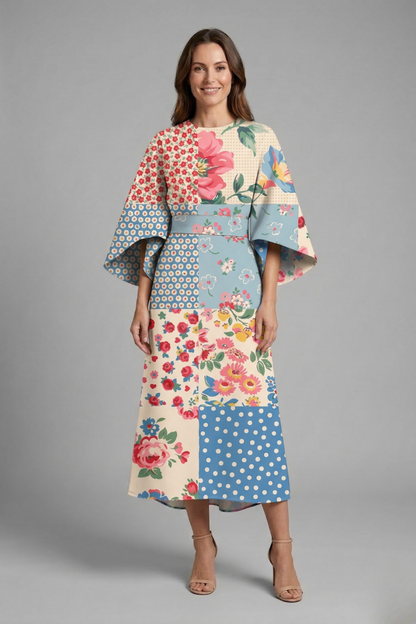 Women’s Midi Dress with Round Neck and Wide Sleeves