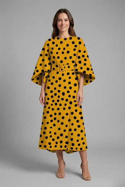Women’s Midi Dress with Round Neck and Wide Sleeves
