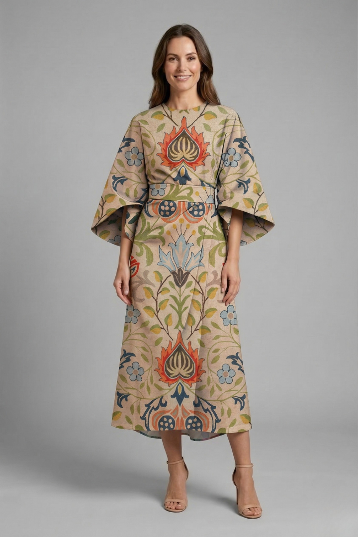 Women’s Midi Dress with Round Neck and Wide Sleeves