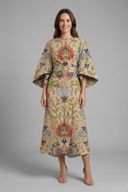 Women’s Midi Dress with Round Neck and Wide Sleeves