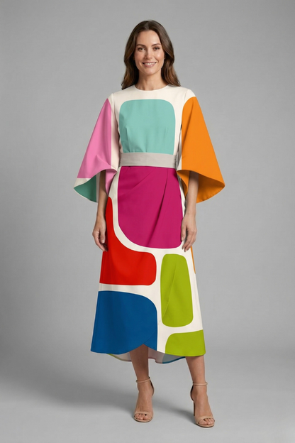 Women’s Midi Dress with Round Neck and Wide Sleeves