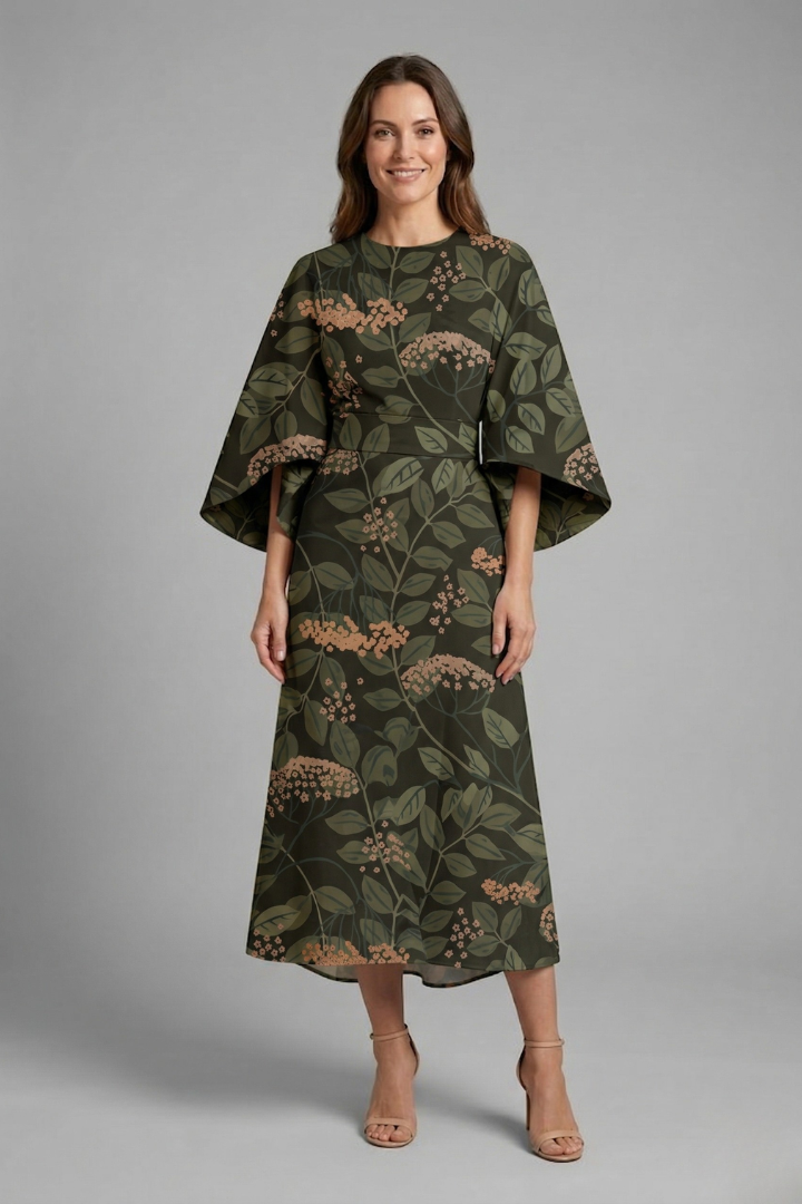 Women’s Midi Dress with Round Neck and Wide Sleeves