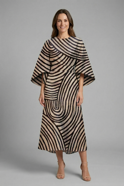 Women’s Midi Dress with Round Neck and Wide Sleeves