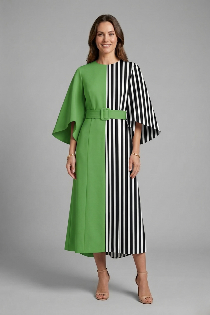 Women’s Midi Dress with Round Neck and Wide Sleeves