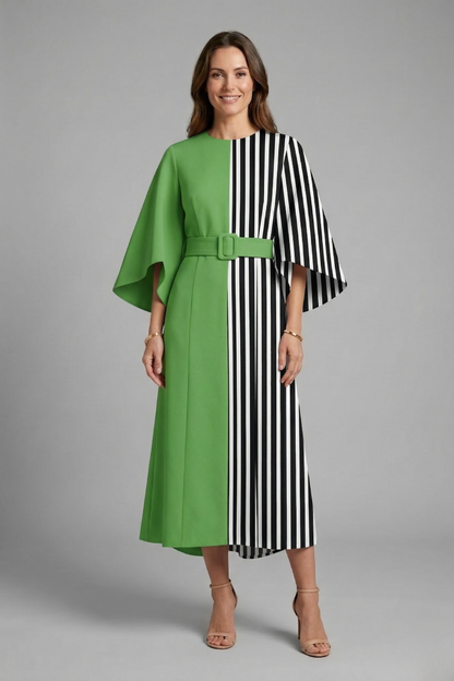 Women’s Midi Dress with Round Neck and Wide Sleeves