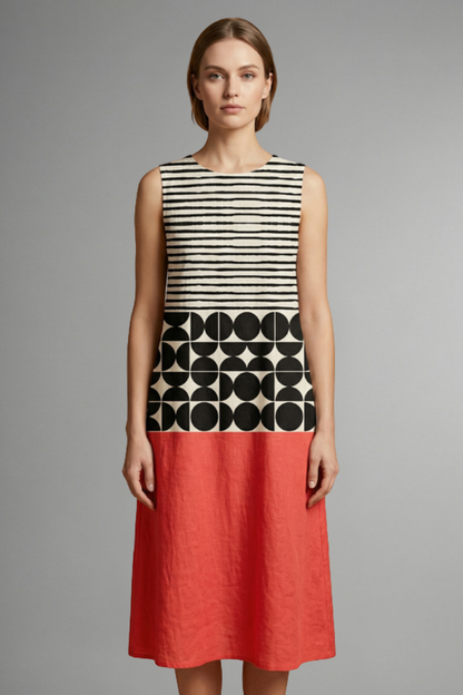 Women’s Midi Dress with Round Neckline and Sleeveless Design