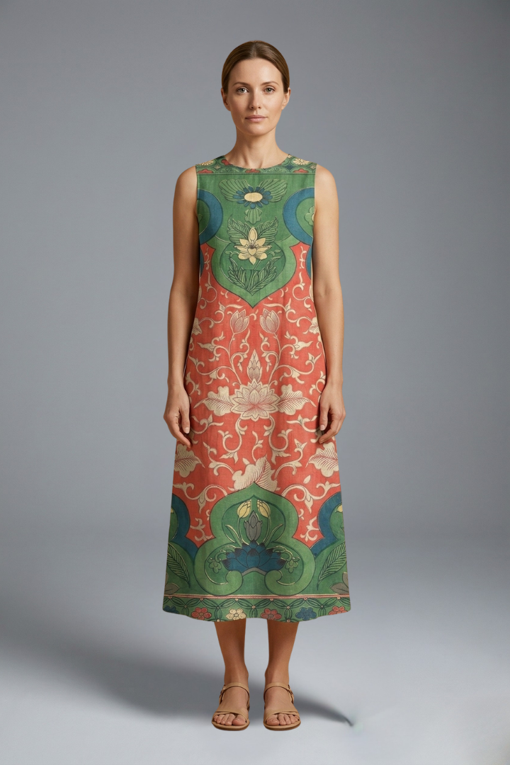 Women’s Midi Dress with Sleeveless Design and Floral Pattern
