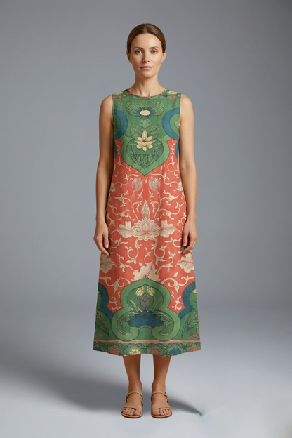 Women’s Midi Dress with Sleeveless Design and Floral Pattern