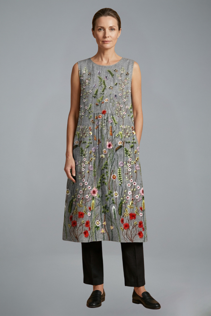 Women’s Midi Dress with Sleeveless Design and Linen Blend