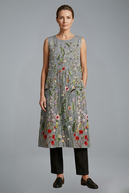 Women’s Midi Dress with Sleeveless Design and Linen Blend