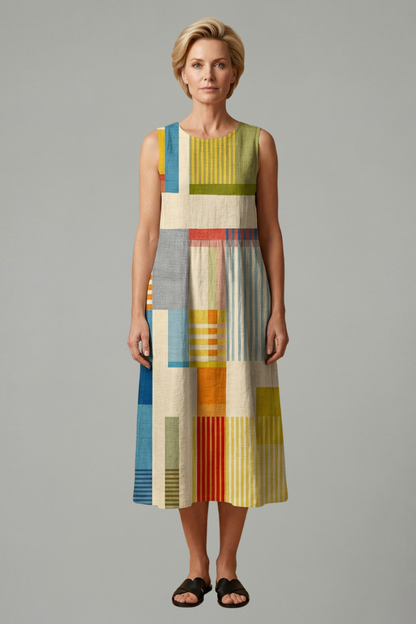 Women’s Midi Dress with Sleeveless Design and Linen Blend