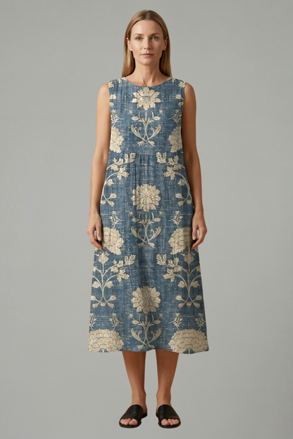 Women’s Midi Dress with Sleeveless Design and Linen Blend