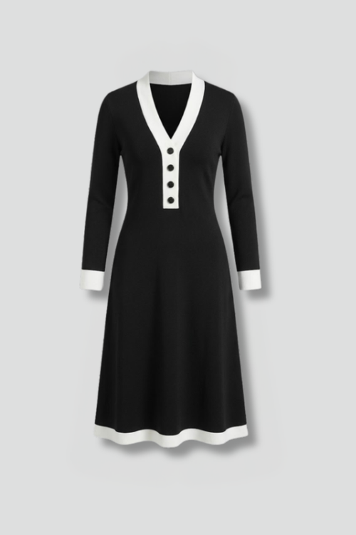 Women’s Midi Dress with V Neck and Button Detail