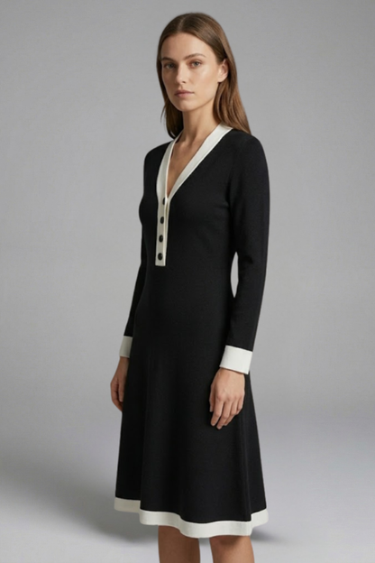 Women’s Midi Dress with V Neck and Button Detail