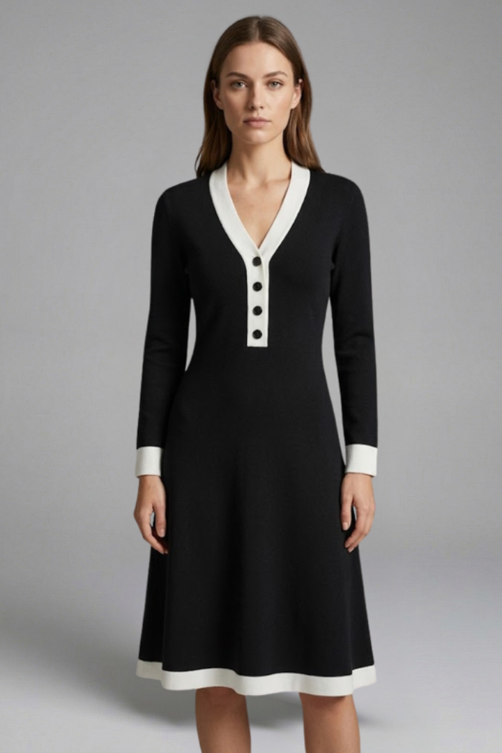 Women’s Midi Dress with V Neck and Button Detail