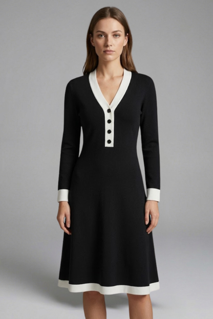 Women’s Midi Dress with V Neck and Button Detail