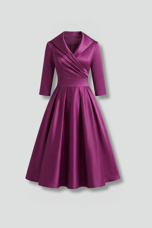 Women’s Midi Dress with V Neck and Pleated Waist