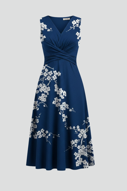 Women’s Midi Dress with V Neck and Sleeveless Cut