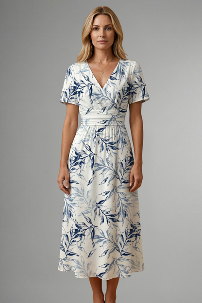Women’s Midi Dress with V Neckline and Floral Print