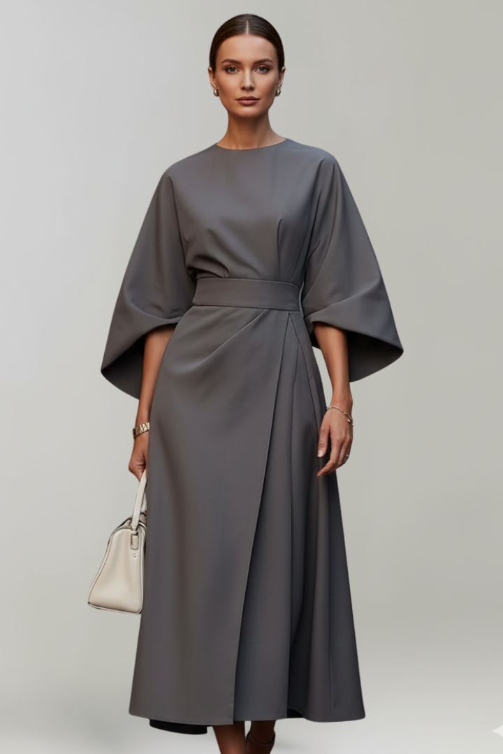 Women's Belted Waist Wide Sleeve Midi Dress