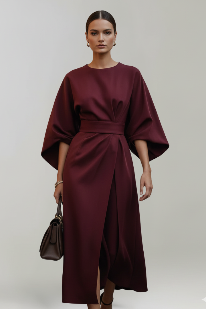Women's Belted Waist Wide Sleeve Midi Dress