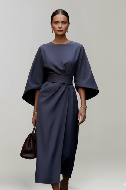 Women's Belted Waist Wide Sleeve Midi Dress