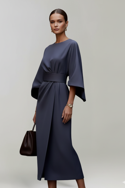 Women's Belted Waist Wide Sleeve Midi Dress