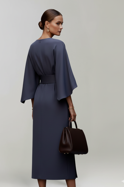 Women's Belted Waist Wide Sleeve Midi Dress