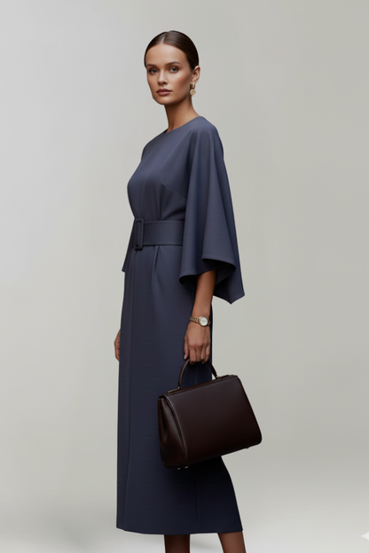 Women's Belted Waist Wide Sleeve Midi Dress