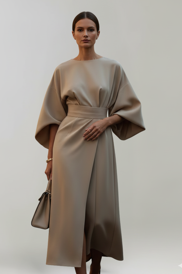 Women's Belted Waist Wide Sleeve Midi Dress