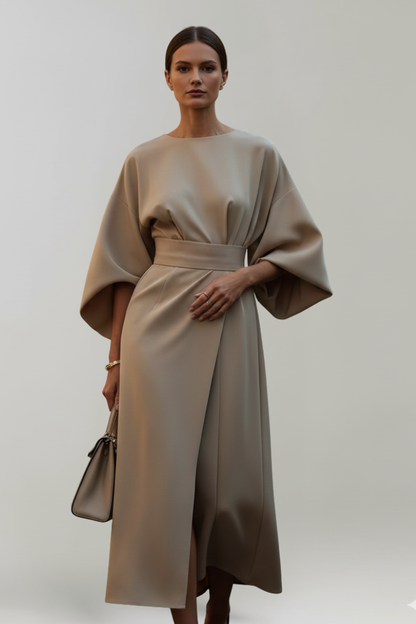 Women's Belted Waist Wide Sleeve Midi Dress