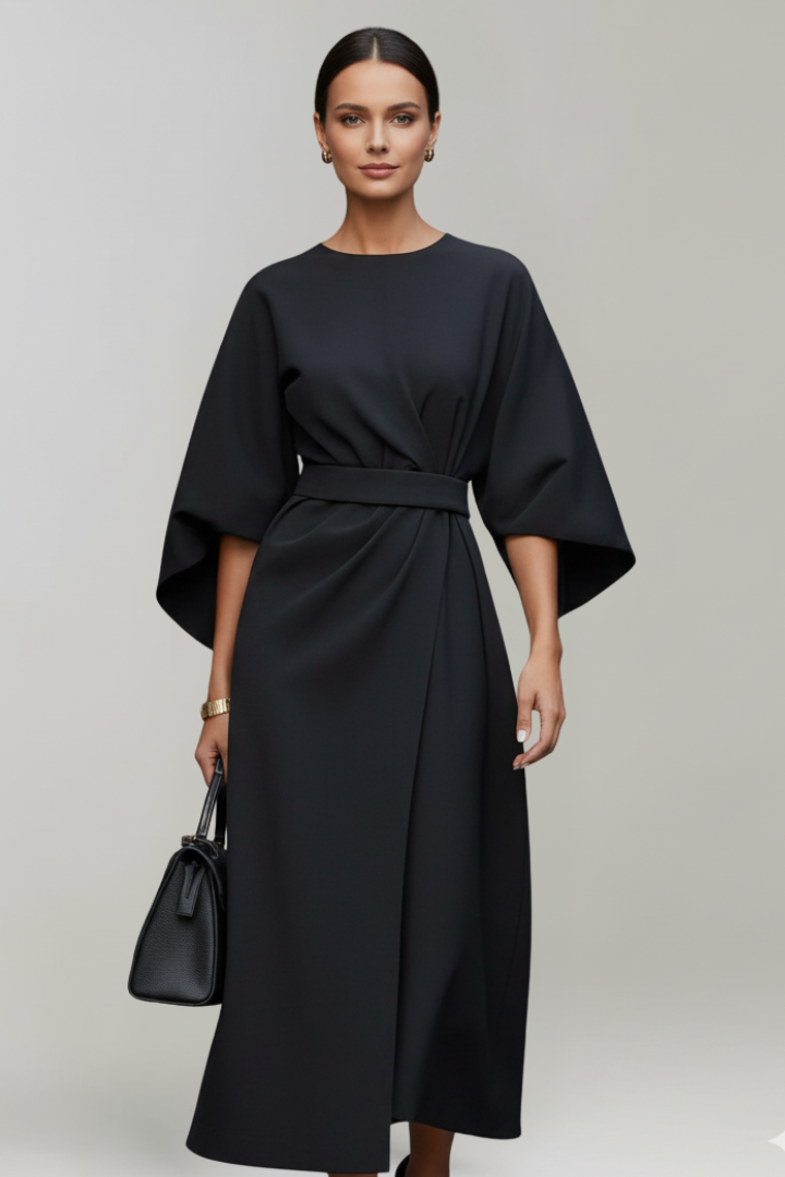 Women's Belted Waist Wide Sleeve Midi Dress