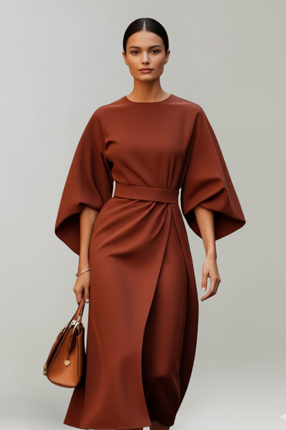 Women's Belted Waist Wide Sleeve Midi Dress