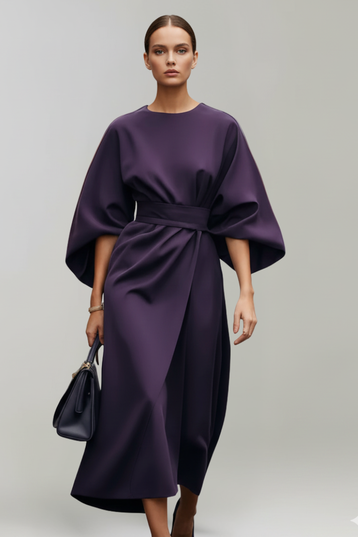 Women's Belted Waist Wide Sleeve Midi Dress
