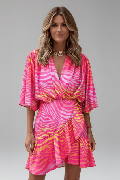 Women’s Mini Dress with Batwing Sleeves and Waist Tie