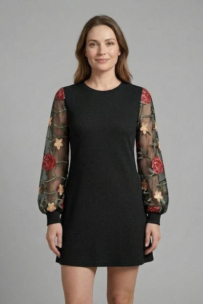 Women’s Mini Dress with Bishop Sleeves and Embroidered Detail
