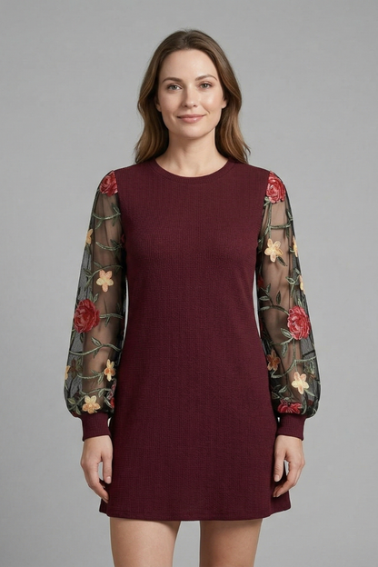 Women’s Mini Dress with Bishop Sleeves and Embroidered Detail