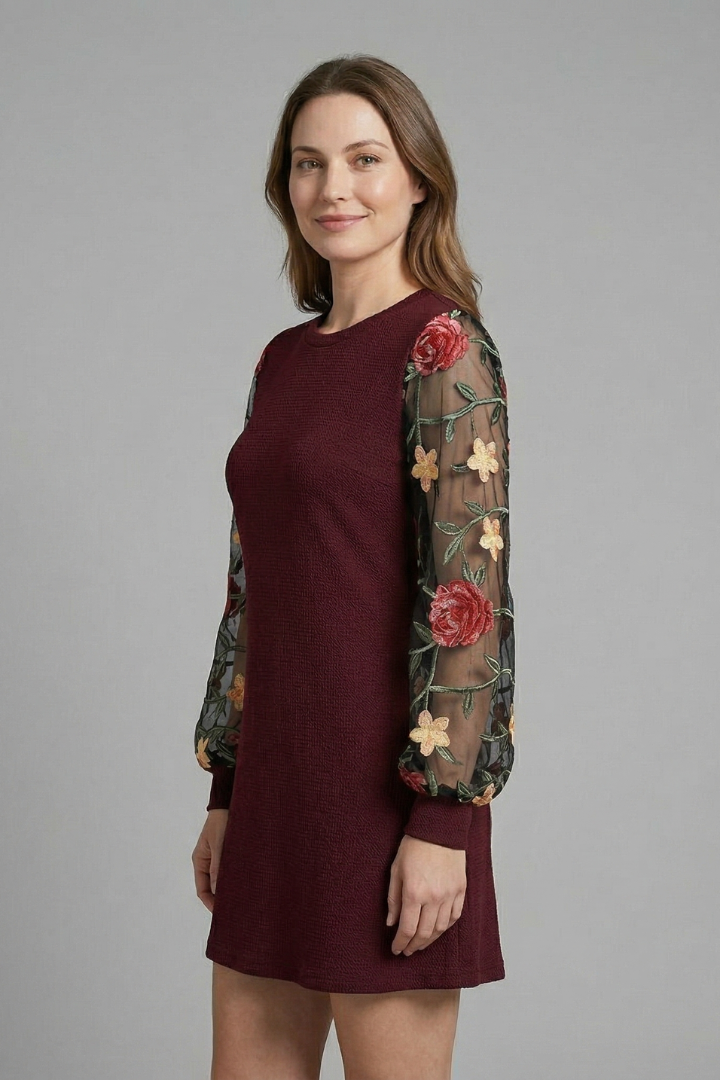 Women’s Mini Dress with Bishop Sleeves and Embroidered Detail