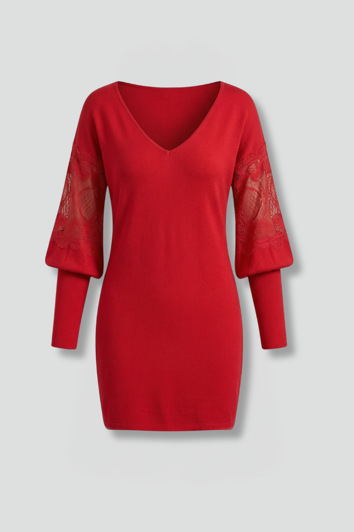Women’s Mini Dress with Lace Sleeves and Fitted Waist