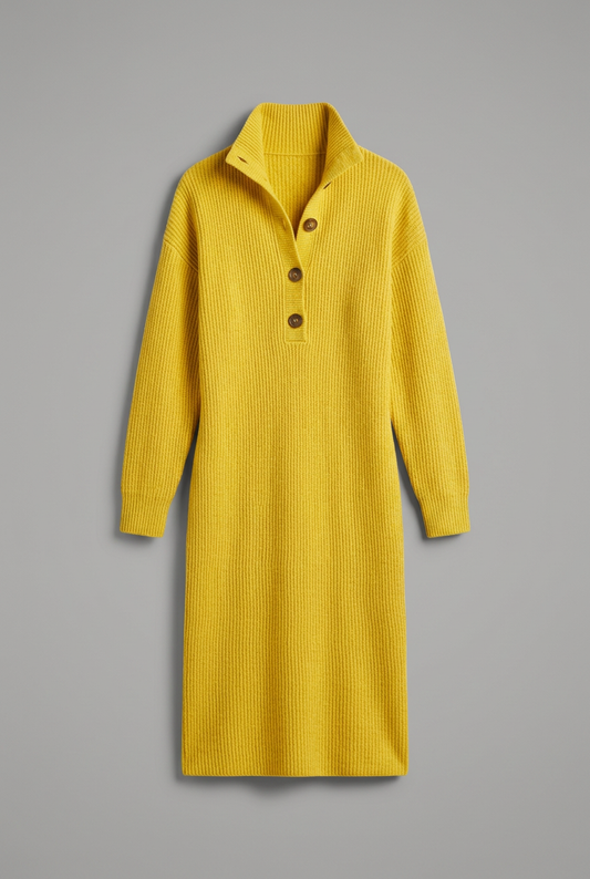 Women’s Ribbed Jumper Dress with High Collar and Button Placket
