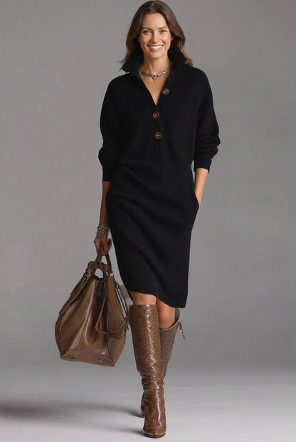 Women’s Ribbed Jumper Dress with High Collar and Button Placket