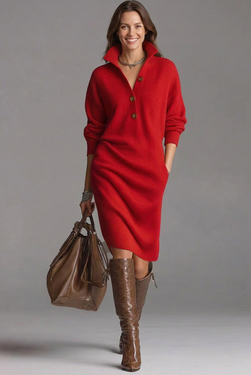 Women’s Ribbed Jumper Dress with High Collar and Button Placket