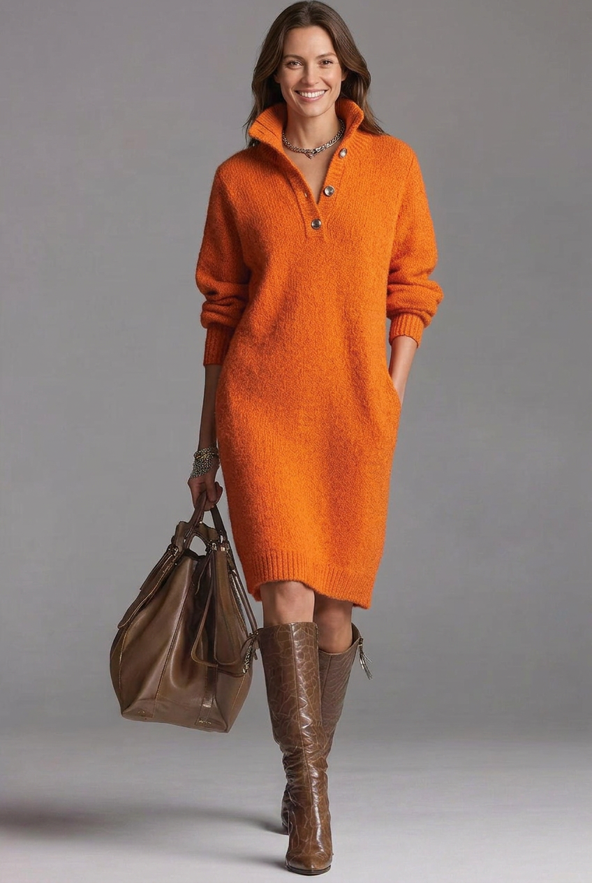 Women’s Ribbed Jumper Dress with High Collar and Button Placket