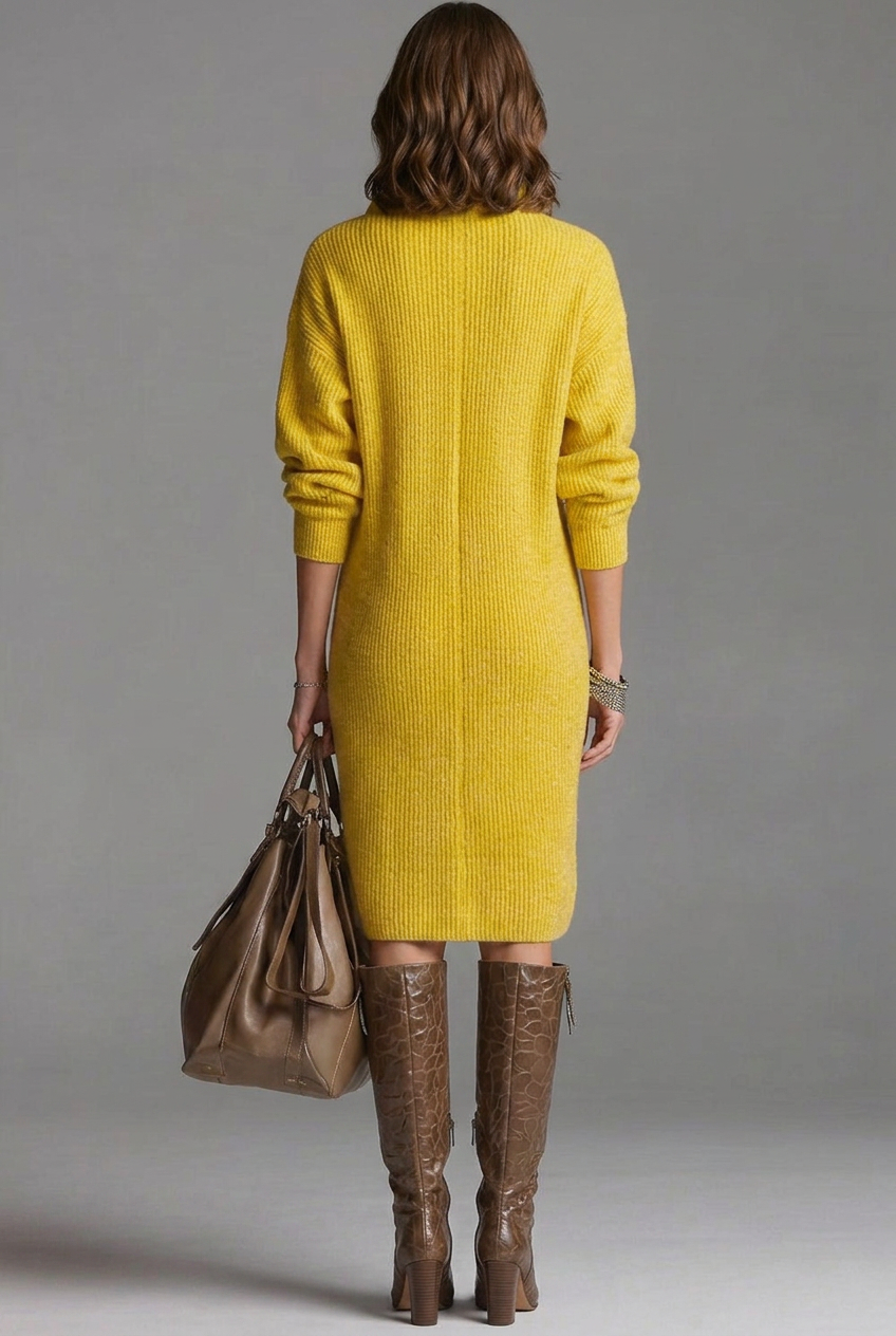 Women’s Ribbed Jumper Dress with High Collar and Button Placket