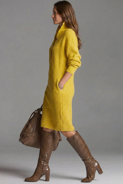 Women’s Ribbed Jumper Dress with High Collar and Button Placket