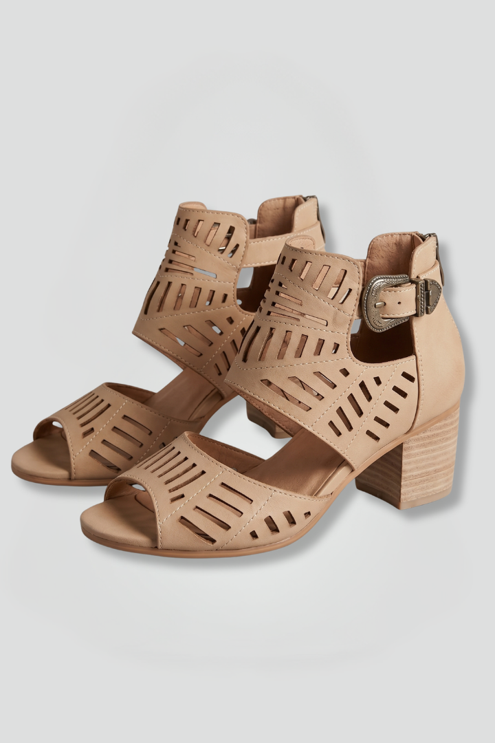 Tara Sanderson | Laser-Cut Block Heel Ankle Strap Sandals For Women